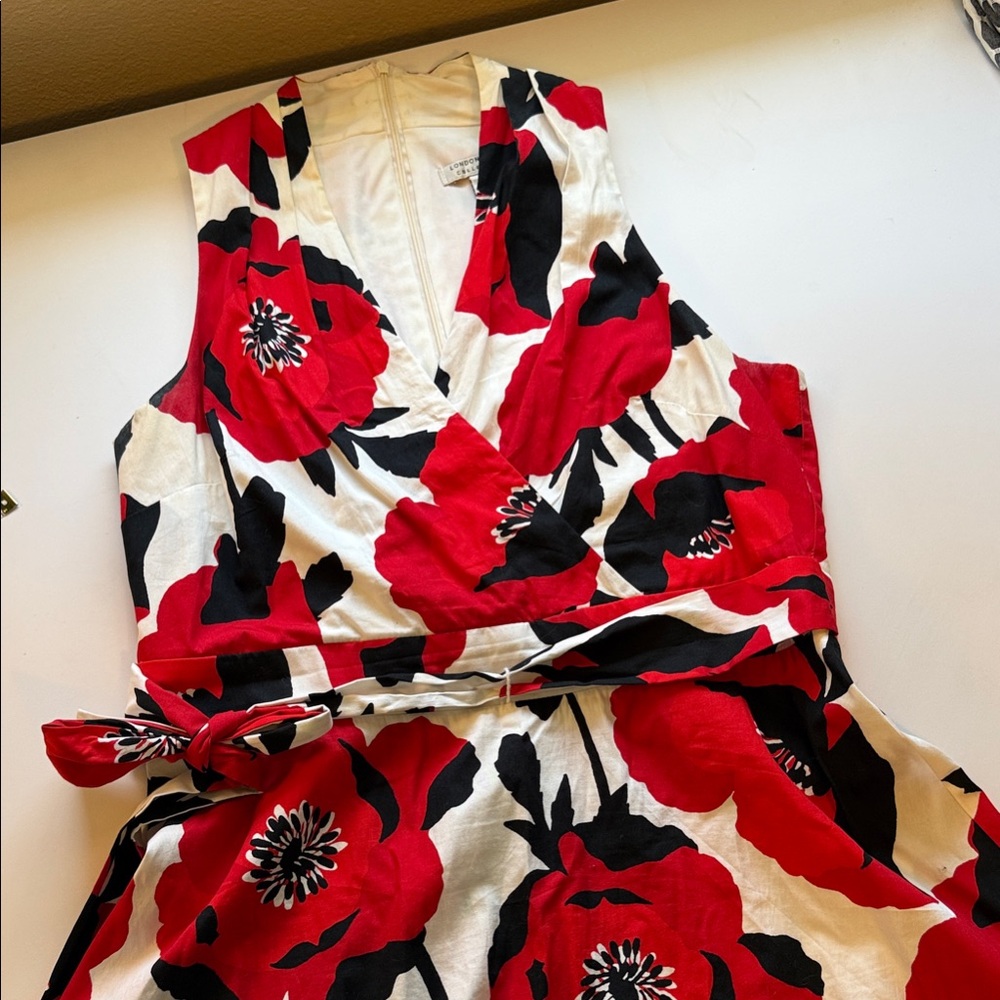 London Style Red Black and White Floral Midi Wrap Dress